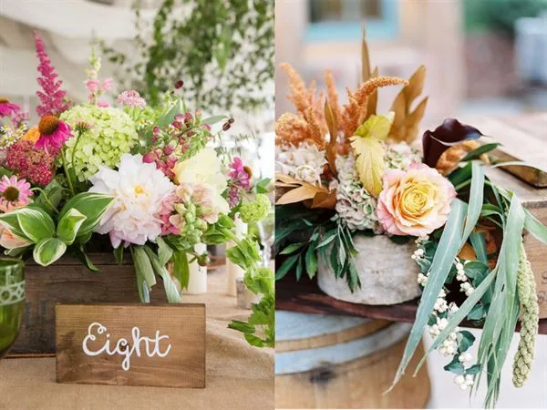 cắm hoa để bàn cưới bằng chậu gỗ xinh xắn