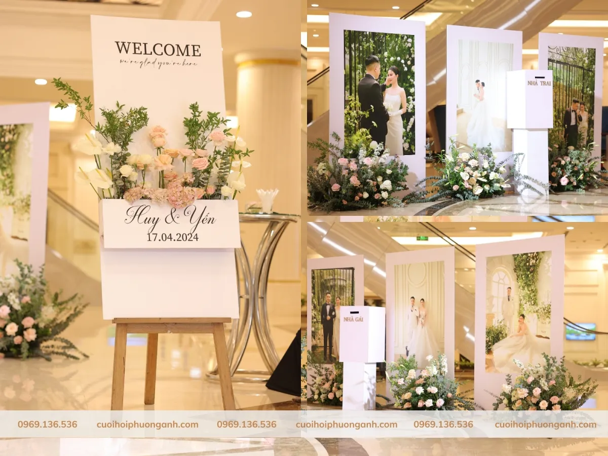Trang trí sảnh tiệc đón khách đám cưới khách sạn cặp đôi Hoàng Yến và Anh Huy