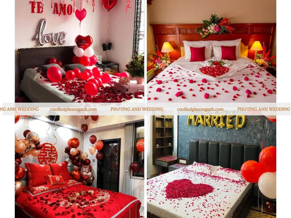 Trang trí phòng cưới màu đỏ với hoa
