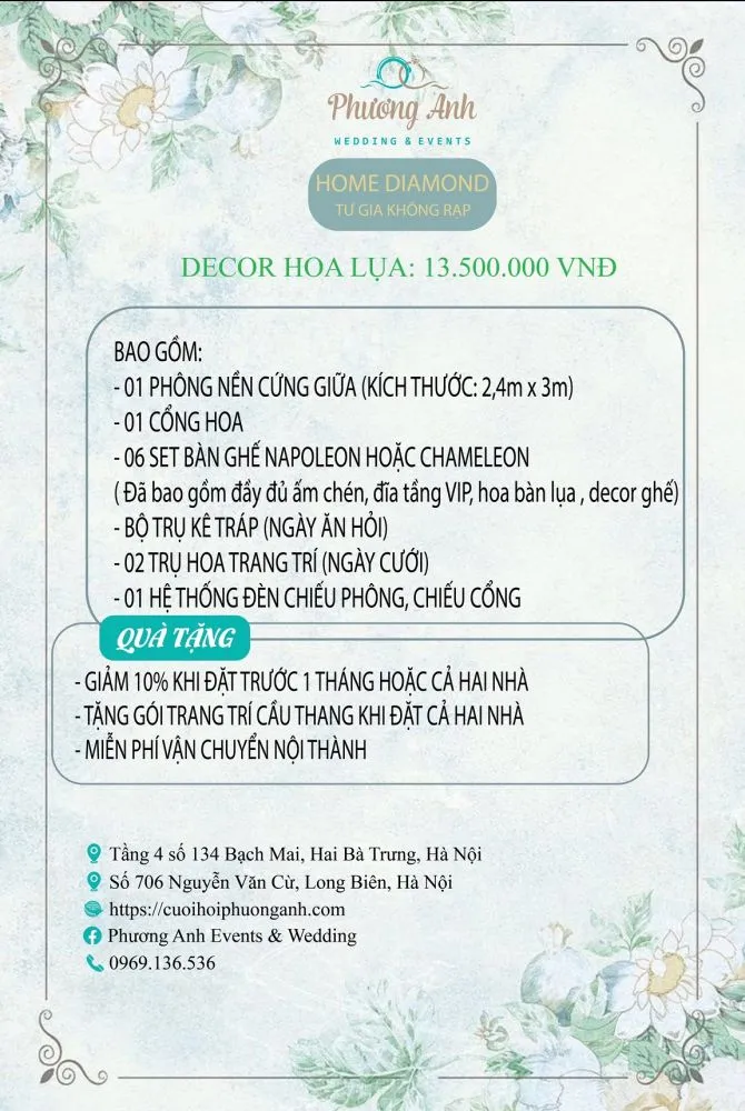 Báo giá trang trí cưới hỏi trọn gói - Gói Diamond Home Không rạp