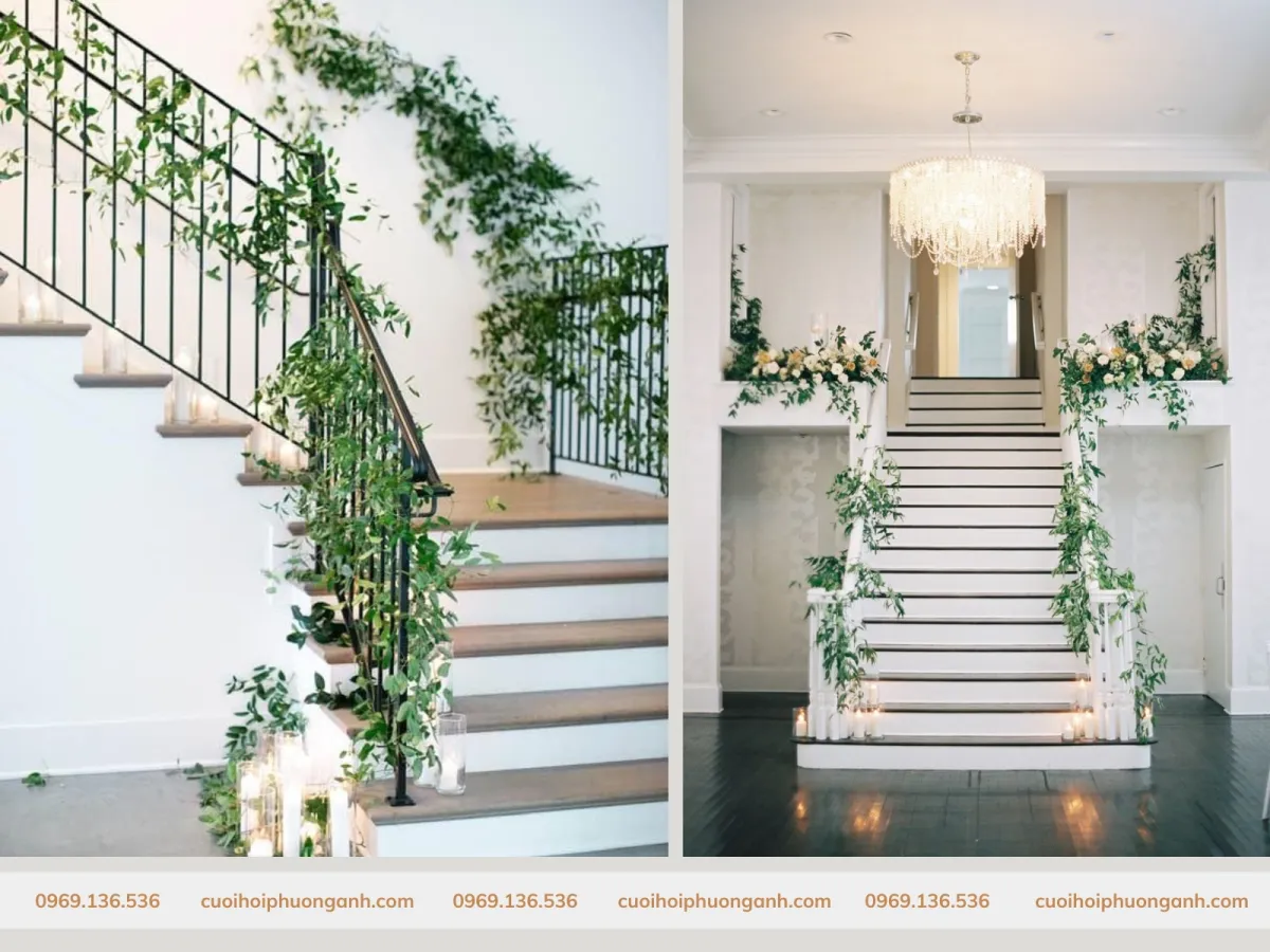 Trang trí cầu thang tiệc cưới với lá cây, dây leo