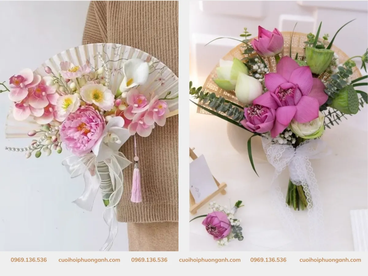 Bó hoa cưới cầm tay cô dâu dạng quạt