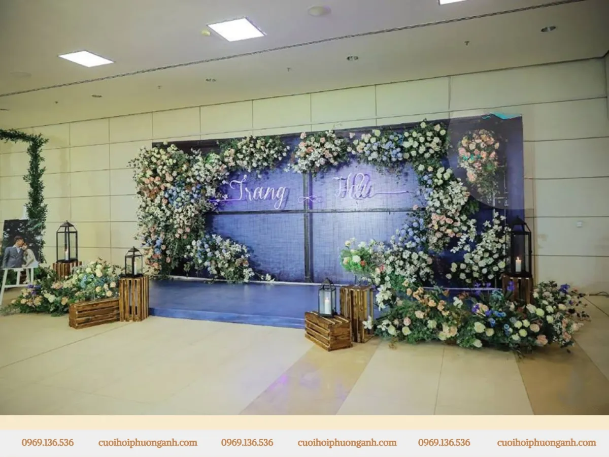 Backdrop tiệc cưới cô dâu Quỳnh Trang, chú rể Minh Hải tại sảnh khách sạn Hancico Thái Thịnh, Đống Đa
