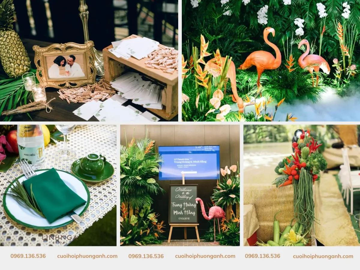 Màu sắc và phụ kiện trang trí đám cưới phong cách Tropical