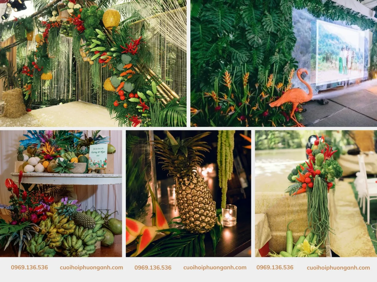 Hoa quả và lá cây nhiệt đới cũng được điểm tô trong đám cưới Tropical