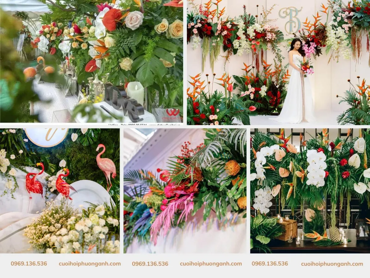 Đám cưới tropical sử dụng ít hoa tươi nhưng vẫn ấn tượng, nổi bật